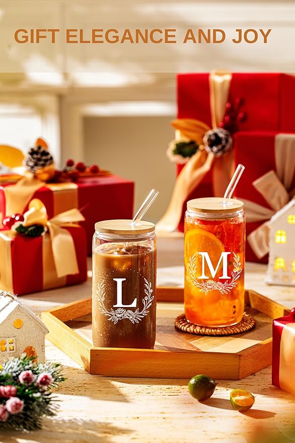 Personalized Gifts for Women, Monogrammed 16oz Glass Cups with Bamboo Lids and Straws, Customized Glass Tumbler, Cute Custom Mug, Customizable Initial Iced Coffee Glasses, Birthday Bridesmaid Mom, L