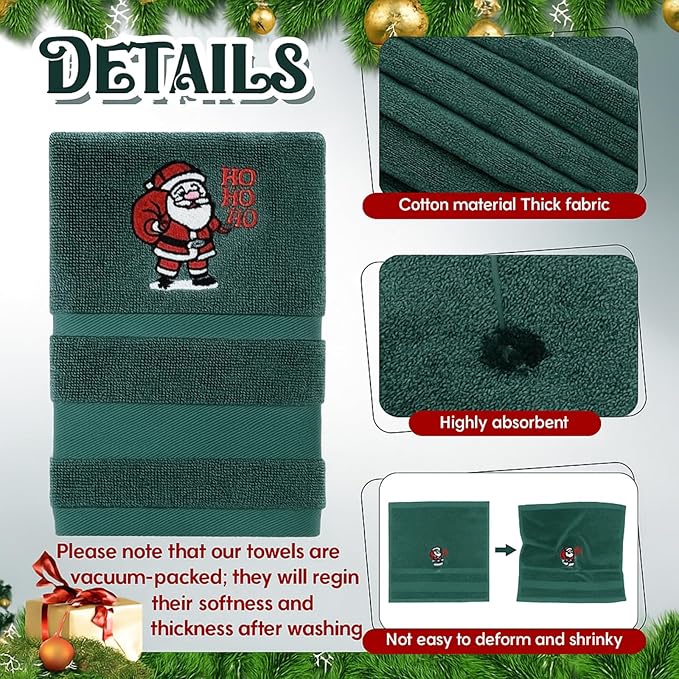 Peryiter 6 Pack Cotton Christmas Bath Towels Set Green Santa Claus Towels for Bathroom, Soft and Absorbent, Contains 2 Bath Cloth, 2 Hand Cloth and 2 Wash Cloths