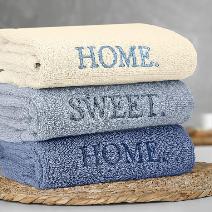 3 Pcs Home Sweet Home Hand Towels Farmhouse Decorative Embroidered Bathroom Hand Towels Rustic 100% Cotton Blue Set for Boho Bathroom Kitchen Decor