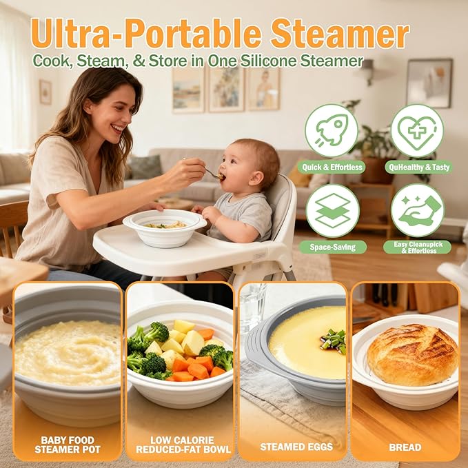 2 Pack White and Gray Silicone Steamer Microwave, 44oz Collapsible Vegetable Steamer Microwave with Magnetic Lid, Space-Saving Design, Dishwasher Safe Silicone Bowl for Cooking Veggies, Dumplings