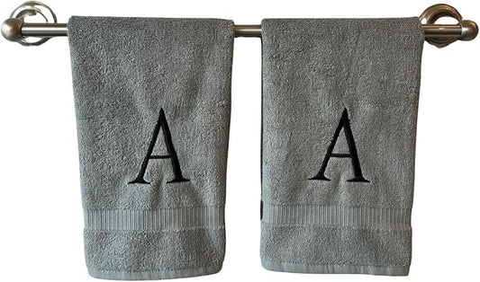 Gray Initial Hand Towel for Bathroom - Monogrammed Luxury Hotel Quality Decorative Embroidered Towel for Powder Room, Spa - GOTS Organic Certified - Set of 2 Black Letter A