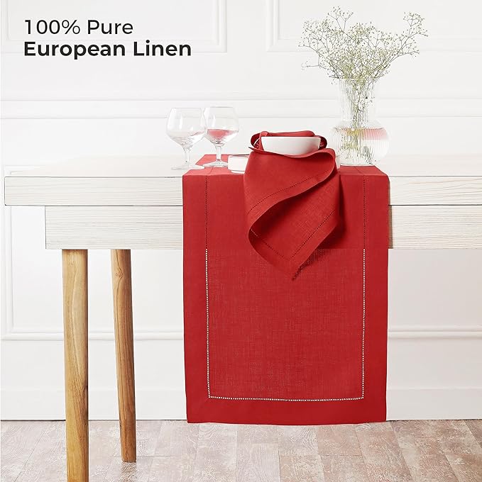 D'Moksha Homes Linen Bright Red Table Runner 72 Inches Long - 100% Pure Linen Hemstitch Table Runner 14 x 72 Inch for Dresser, Dining, Winter, Holiday, New Year - Classic Hemstitch