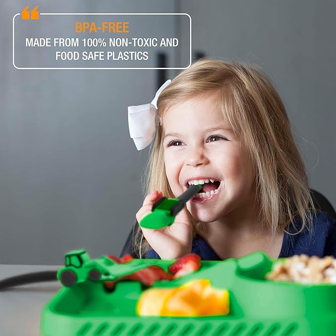 Dinneractive Green Construction Themed Toddler Utensil Set 2-Piece Set Loader & Tractor Toddler Spoons and Forks