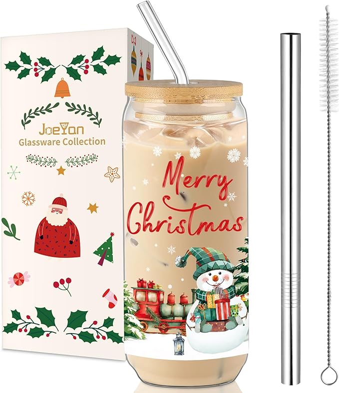 Joeyan Christmas Glass Cups,Tumbler with Lid and Straw,Snowman Train Iced Coffee Cups,Cute Can Shaped Beer Smoothie Drinking Glasses,Aesthetic Decoration Gift For Women Mom Friend,20 oz