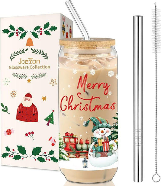 Joeyan Christmas Glass Cups,Tumbler with Lid and Straw,Snowman Train Iced Coffee Cups,Cute Can Shaped Beer Smoothie Drinking Glasses,Aesthetic Decoration Gift For Women Mom Friend,20 oz