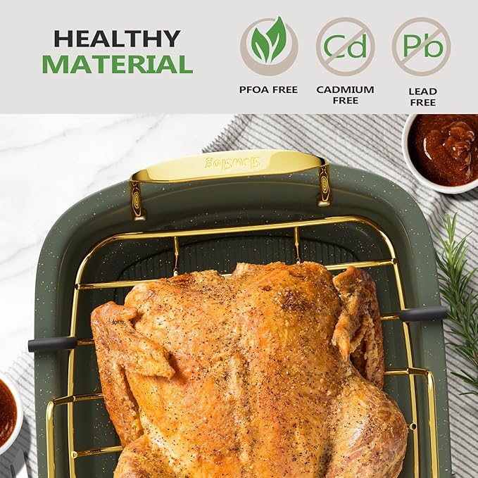 Nonstick Roasting Pan, 17 Inch x 13 Inch Large Roaster Pan with Removable Rack, Roaster for Roasting Turkey, Meat & Vegetables (Green）