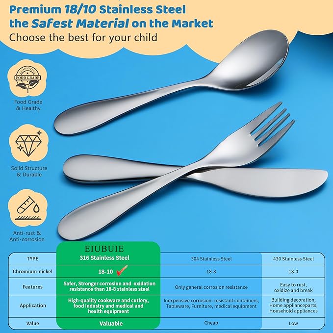 6 Piece Kids Silverware Set, EIUBUIE 18/10 Stainless Steel Toddler Utensils, Child and Baby Safe Flatware, Metal Kids Utensil Cutlery Set Includes 2 Toddler Forks and Spoons, 2 Butter Knives
