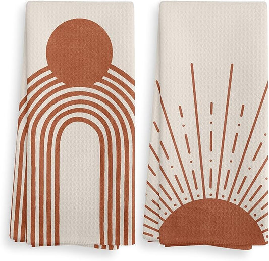 Beige Red Sunrise Moon Rainbow Kitchen Towels and Dishcloths Sets of 2, Bohemian Decorative Towels, Abstract Arch Line Drying Cloth Hand Towels for Bohemian Bathroom Kitchen Decor, 16×24 Inches