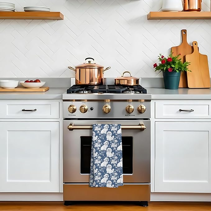 Shih Tzu Dog Gifts for Blue Chinoiserie Floral Decor Kitchen Towels，Blue Shih Tzu Dog Grandmillennial Decorative Dish Tea Towels for Kitchen Bathroom,16x24 Inch