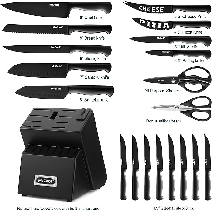 McCook® Premium Black Knife Sets,German Stainless Steel Kitchen Knives Block Set with Built-in Sharpener