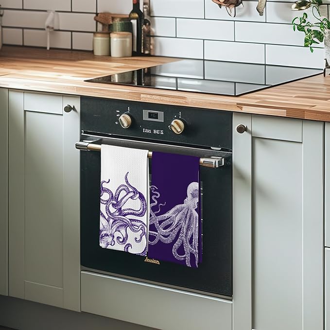 Coastal Octopus Halloween Decor Dish Hand Tea Towels for Bathroom Kitchen, Octopus Ocean Cryptid Spooky Home Bathroom Decor, Coastal Nautical Kitchen Towels and Dishcloths Sets of 2, 16x24 In