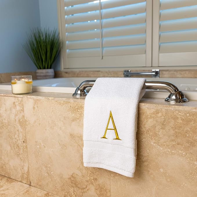 Monogrammed Hand Towels for Bathroom - Luxury Hotel Quality Personalized Initial Decorative Embroidered Bath Towel for Powder Room, Spa - GOTS Organic Certified - Set of 2 Gold Letter A