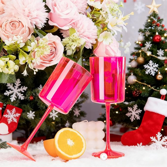 Ciaell 12 Pack Plastic Wine Glasses - 10Oz Hot Pink Plastic Wine Glasses With Stem - Disposable Stemmed Cups for Parties & Weddings