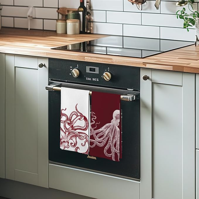 Coastal Red Octopus Beach Decor Dish Hand Tea Towels for Bathroom Kitchen, Octopus Ocean Nautical Beachy Bathroom Decor, Coastal Nautical Kitchen Towels and Dishcloths Sets of 2, 16x24 Inches