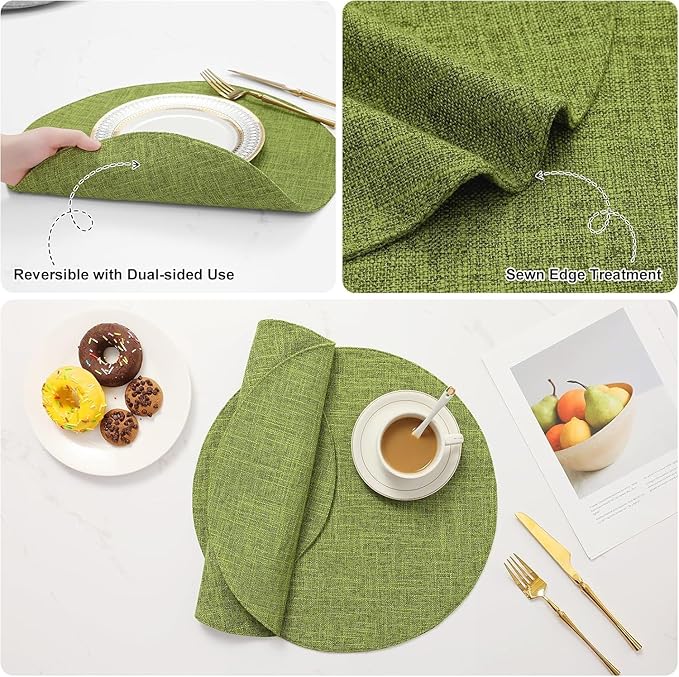 homing 15 Inch Round Cloth Placemats Set of 4, Cotton Linen Blend Washable Table Mats, Farmhouse Dining Place Mats for Indoors & Outdoors, Easy to Clean, Grass Green