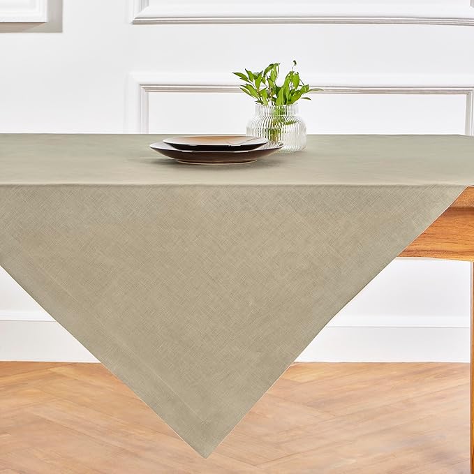 Solino Home Linen Square Tablecloth 52 x 52 Inch - 100% Pure Linen Vintage Khaki Table Throw - Fete, Machine Washable Table Cloth