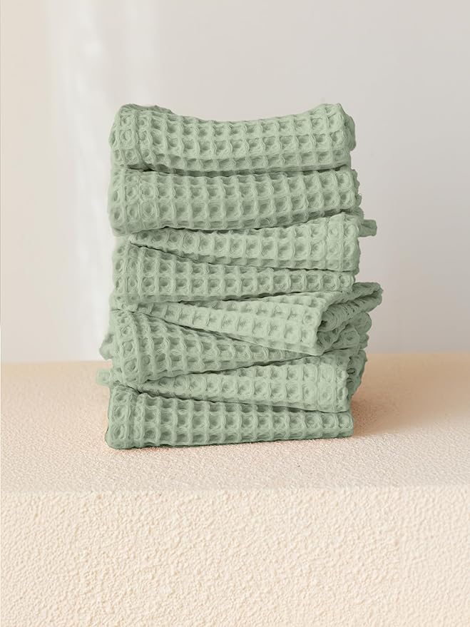 Waffle Washcloths Set of 8 Sage Green - Premium Quality 100% Turkish Cotton Face Washcloth, Soft Makeup Towel, Shower Cloth, Kitchen Towel (Sage, Set of 8 Washcloths)