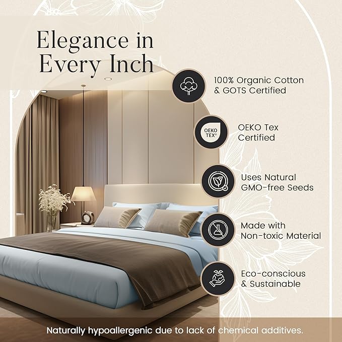 100% Organic Cotton Sheets King Size, 4 Piece Breathable Bed Sheet Set, 15" Deep Pocket King Sheets Cotton, Solid Sateen Weave Luxury Hotel Collection, No Pill & Shrink- Light Blue