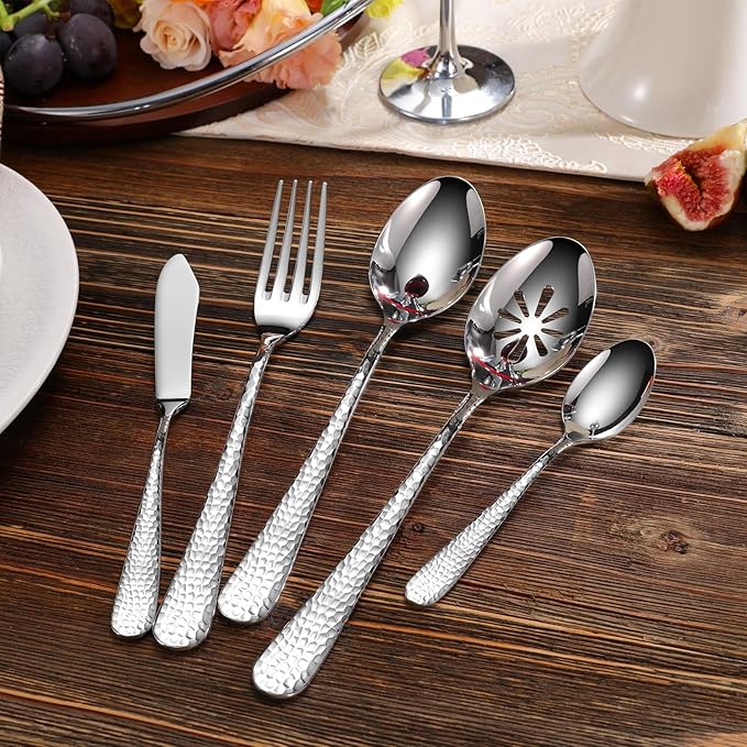 KEAWELL Premium 20/45/65 Piece Louise Hammered Silverware Set with Round Edge, 18/10 Stainless Steel, Service for 4/8/12, Fine Flatware Set, Dishwasher Safe (45)