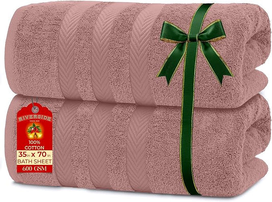 RIVERSIDE Pack of 2 Extra Large Bath Sheets 35 x 70 Inches - 100% Ring Spun Cotton Hotel Quality Oversized Bath Towels - Super Soft, Highly Absorbent & Quicker to Dry - Dusty Rose
