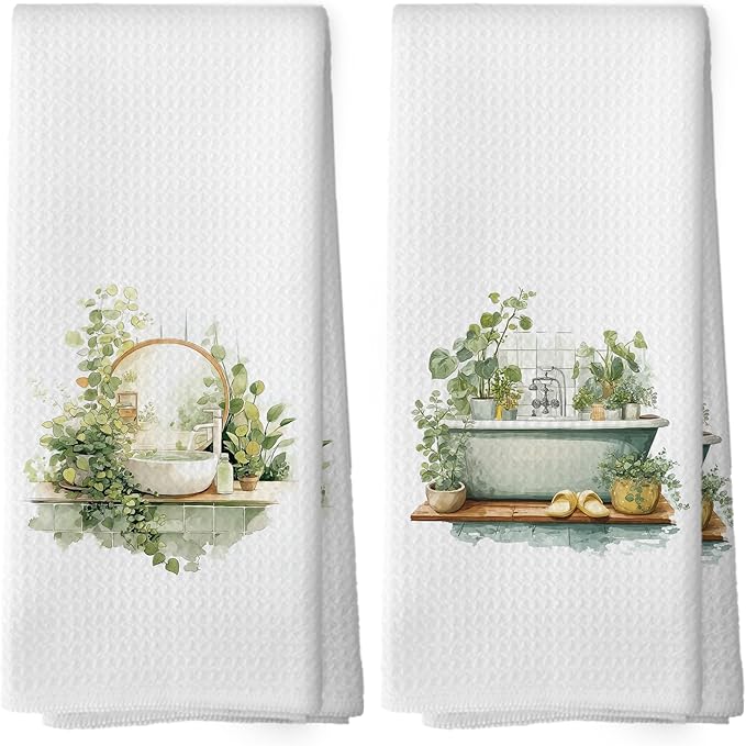 Botanical Bathroom Towels Set of 2, Sage Green Eucalyptus Bathroom Cottagecore Hand Towel, Flower Bathtub Shower Room Washroom Rest Room Decorative Tea Towel Dish Towels 16x25 Inch