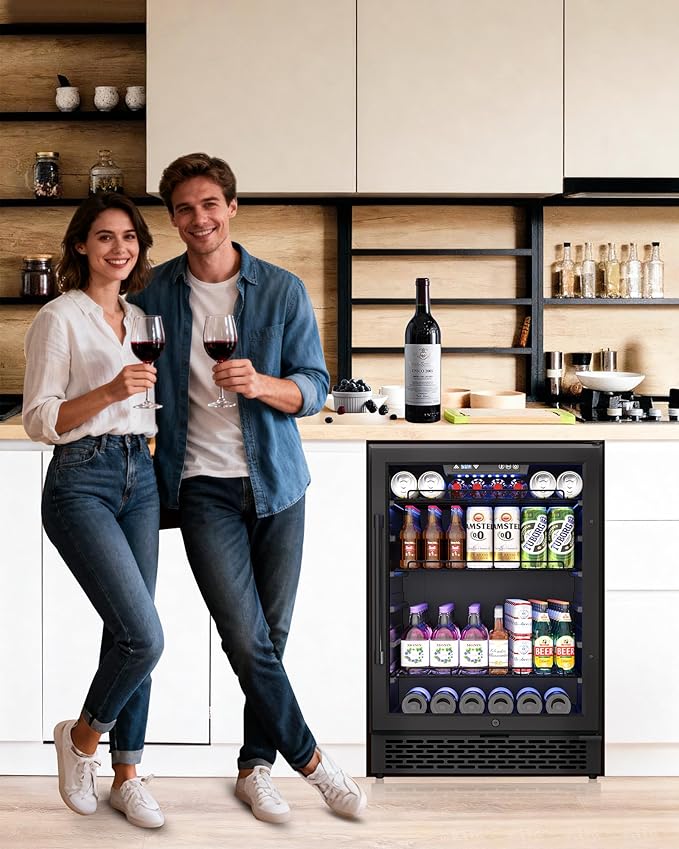 24-Inch Built-In Beverage Cooler, 200 Can Capacity, Smart Control System, for Soda, Beer, Wine & Water, Ideal for Kitchen, Bar, Living Room