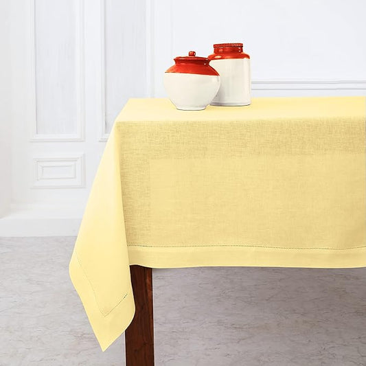 Solino Home Yellow Linen Tablecloth 54 x 72 Inch - Classic Hemstitch, 100% Pure Linen Rectangular Tablecloth - Machine Washable Table Cloth