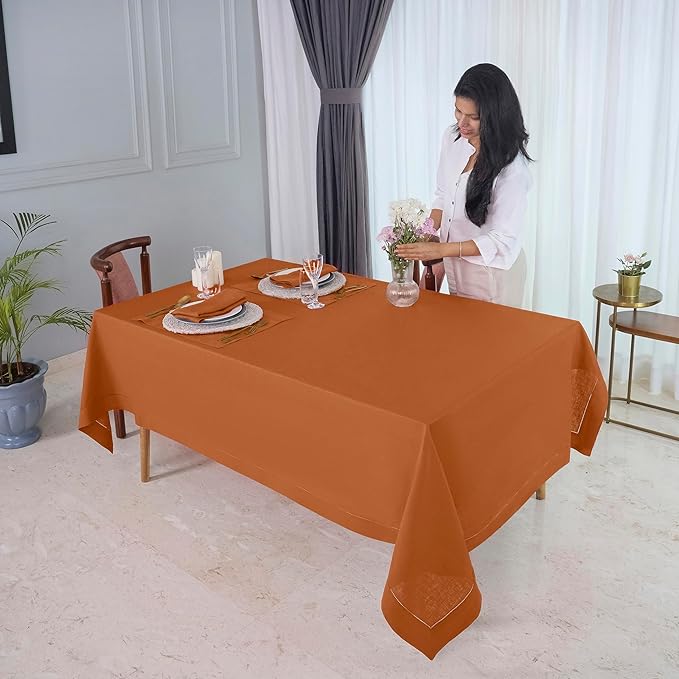 D'Moksha Homes Rust Linen Tablecloth for Rectangle Tables 60 x 144 Inch - 100% Pure Linen Rust Table Cloth - Classic Hemstitch, Machine Washable Dining Tablecloth for Holiday, New Year
