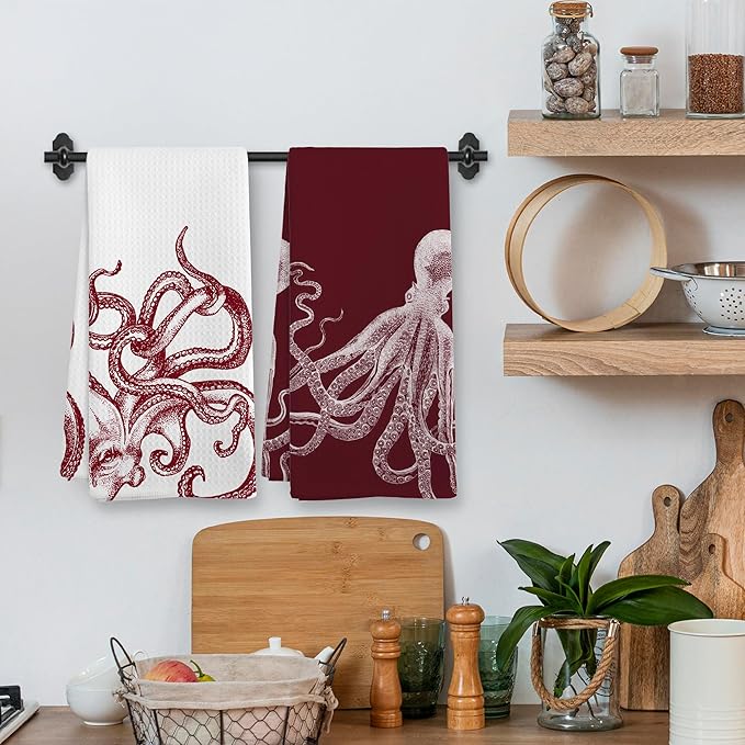 Coastal Red Octopus Beach Decor Dish Hand Tea Towels for Bathroom Kitchen, Octopus Ocean Nautical Beachy Bathroom Decor, Coastal Nautical Kitchen Towels and Dishcloths Sets of 2, 16x24 Inches
