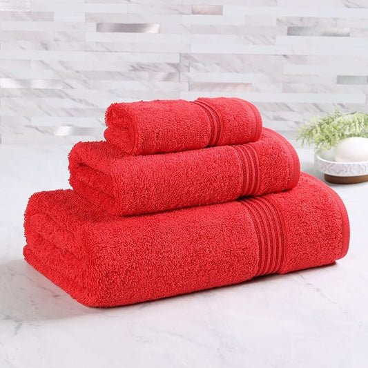 Superior Egyptian Cotton 3-Piece Towel Set, Assorted Towels for Home Bathroom, Master, Guest Bath, Decor Essentials, Includes 1 Bath, 1 Hand, 1 Face Towel/Washcloth, Quick Dry, Absorbent, Red