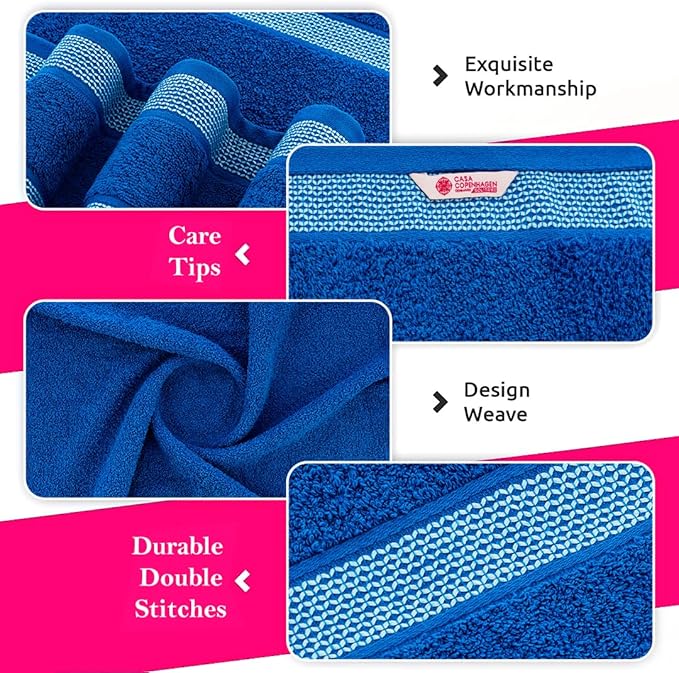 CASA COPENHAGEN Solitaire 6 Pieces Towel Set- Electric Blue, 600 GSM 2 Bath Towel 2 Hand Towel 2 Washcloth, Designed in Denmark Made of Soft Egyptian Cotton for Bathroom, Kitchen & Shower