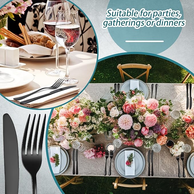 Nuenen 50 Pieces Stainless Steel Forks Silverware Set Dinner Forks and Knives Flatware Tableware Cutlery Set for Kitchen Restaurant(8.07 x 0.94 Inch, 9.06 x 0.79 Inch,Shiny Black)