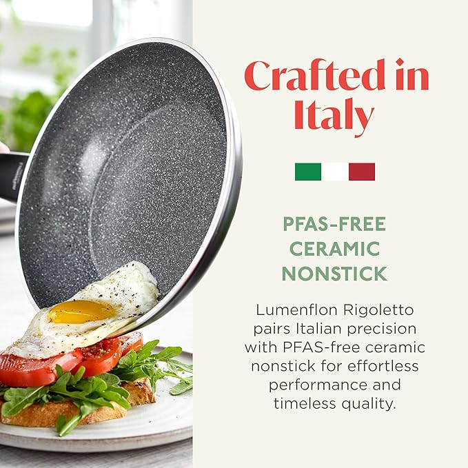 Rigoletto 11” Nonstick Wok Pan, Made in Italy, Layered Ceramic PFAS-Free Surface, Induction Ready Skillet, Dishwasher & Metal Utensil Safe, Granite Finish, Stay-Cool Handle, Black