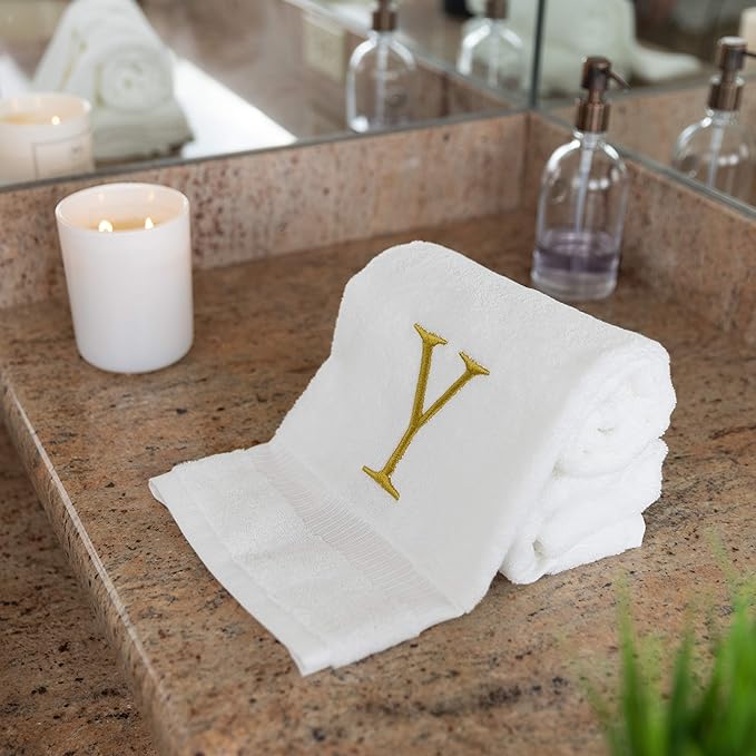 Monogrammed Hand Towels for Bathroom - Luxury Hotel Quality Personalized Initial Decorative Embroidered Bath Towel for Powder Room, Spa - GOTS Organic Certified - Set of 2 Gold Letter Y
