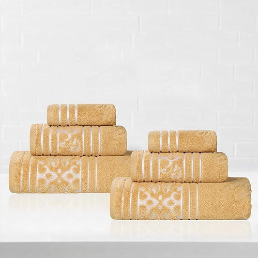 Superior Cotton 6 Piece Towel Set, 2 Bath, 2 Hand, 2 Washcloth/Face Towels, Quick Dry, Home Essentials, Shower, Spa, Luxury Plush Soft Absorbent Towels, Zero-Twist, Jacquard Floral, Gold