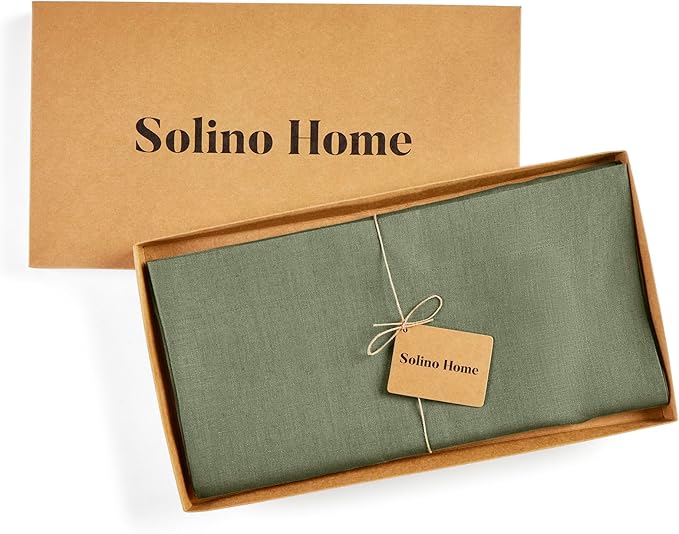 Solino Home Linen Square Tablecloth 52 x 52 Inch - 100% Pure Linen Oil Green Table Throw - Fete, Machine Washable Table Cloth for New Year