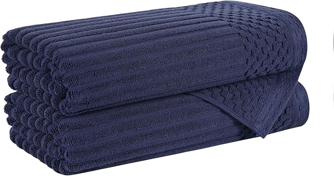Cotton 2-Piece Solid and Ribbed Bath Towel Set, Bath Towels- 27" x 54", Navy Blue by Superior
