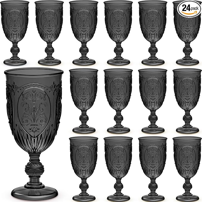 24 Pcs Plastic Goblets 7.5oz Vintage Goblet Plastic Wine Glasses Colored Retro Embossed Water Goblets for Wine Bar Juice Baby Shower Wedding Reception Grand Event Party (Black)