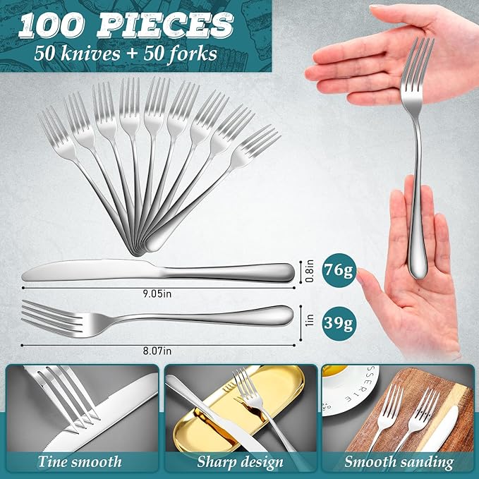 Nuenen 100 Pieces Stainless Steel forks and knives Dinner Flatware Set Tableware Cutlery for Butter Kitchen Restaurant, Dishwasher Safe(Silver,9.06 Inches, 8.07 Inches)