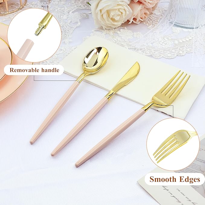 150 PCS Pink Gold Plastic Utensils for 50 Guests, Gold Disposable Silverware with 50 Knives, 50 Spoons and 50 Forks, BPA Free, Ideal for Weddings, Birthdays & Graduation