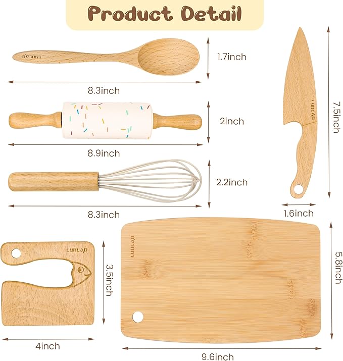 Wooden Kids Safe Knife and Kids Baking Set for Real Cooking, 6 PCS Toddler Montessori Kitchen Tools, Cooking and Baking for Little Chefs