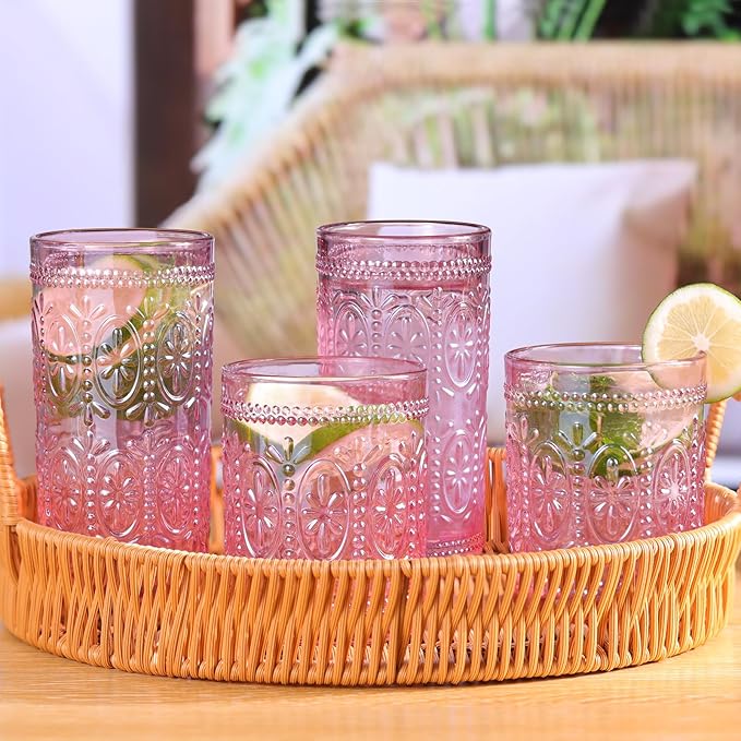 6 Pack Pink Glassware Drinking, 12oz Highball Embossed Beverage Glass Cup, Vintage Drinking Glasses, Colored Water Glasses for Party Wedding Home Office and Gift