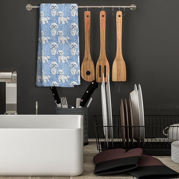 Shih Tzu Dog Gifts for Light Blue Chinoiserie Floral Decor Kitchen Towels，Blue Shih Tzu Dog Grandmillennial Decorative Dish Tea Towels for Kitchen Bathroom,16x24 Inch