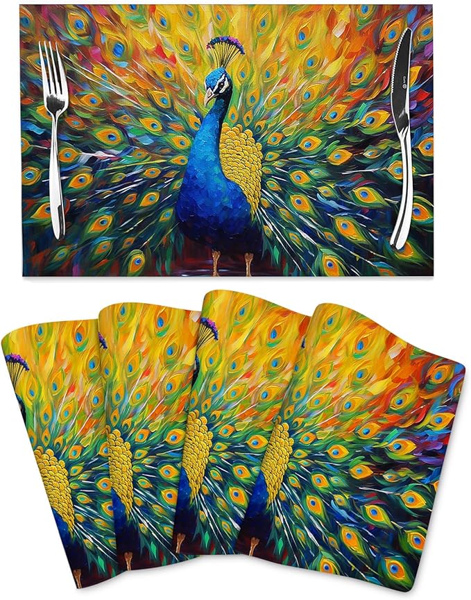 Beautiful Peacock Placemats Set of 4 Linen Washable Heat-Resistant Cute Kitchen Table Mats for Dining Outdoor Farmhouse Holiday Home Decor 12x18 Inch