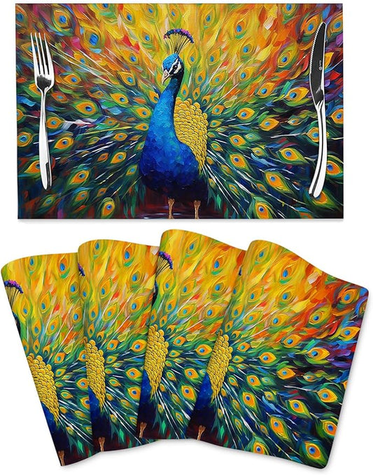 Beautiful Peacock Placemats Set of 4 Linen Washable Heat-Resistant Cute Kitchen Table Mats for Dining Outdoor Farmhouse Holiday Home Decor 12x18 Inch