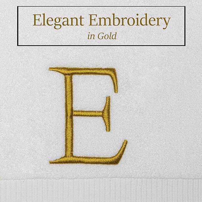 Monogrammed Hand Towels for Bathroom - Luxury Hotel Quality Personalized Initial Decorative Embroidered Bath Towel for Powder Room, Spa - GOTS Organic Certified - Set of 2 Gold Letter E