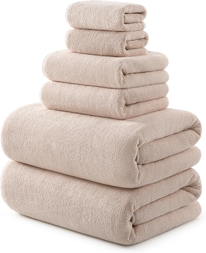 REDKISS Bath Towels Set of 6 - Oversized Bath Sheets (70 x35 in), 670GSM Ultra Soft & Highly Absorbent, Quick Dry Beige Towel Sets for Bathroom, Spa, Hotel, Gym