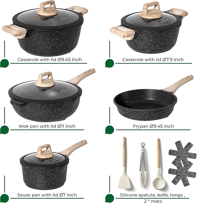 JUST PERFECTO Kitchen Pots and Pans Set with Lids Non Stick Induction Cookware Set Nonstick Frying Pans Set 14 Pcs Healthy Cooking Pots without PTFE and PFOA – Gray