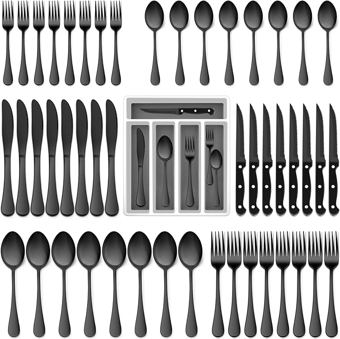 E-far Black Silverware Set with Organizer, 49-Piece Stainless Steel Flatware Cutlery Set for 8 with Tray and Steak Knives, Kitchen Metal Eating Utensils Tableware Sets, Mirror Polished & Rust Proof