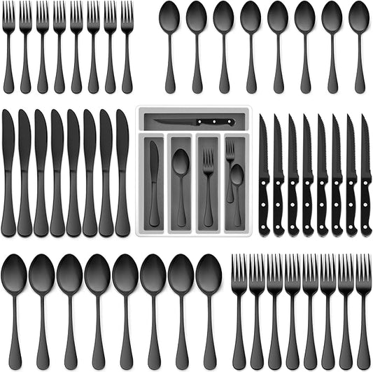 E-far Black Silverware Set with Organizer, 49-Piece Stainless Steel Flatware Cutlery Set for 8 with Tray and Steak Knives, Kitchen Metal Eating Utensils Tableware Sets, Mirror Polished & Rust Proof